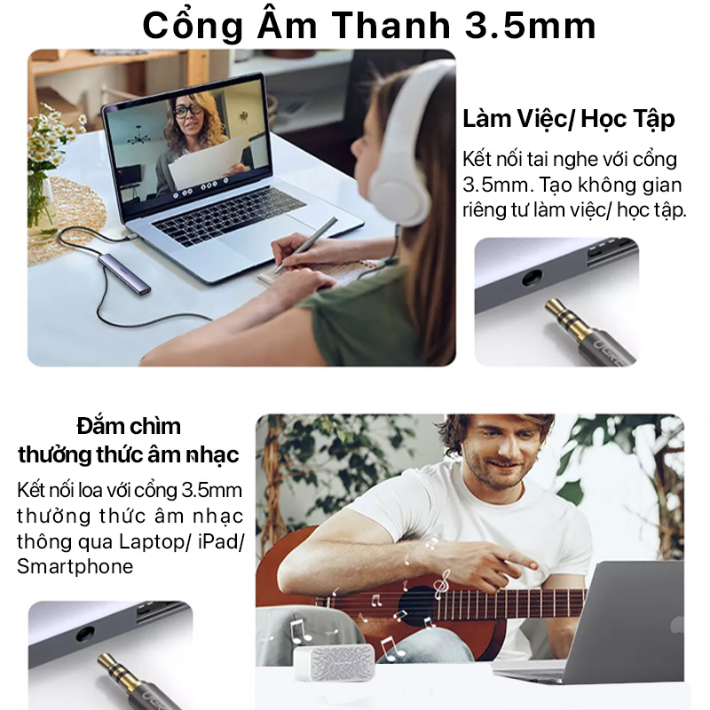 Ugreen 90881 Bộ chuyển đổi nguồn USB-C Sang HDMI+3*USB 3.0 A+AUX3.5mm+ 4K@30Hz